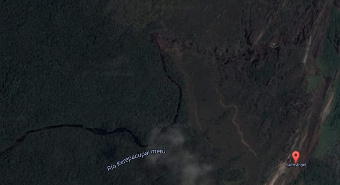 Angel Falls is on the Gauja River in Bolivar state, Venezuela. The Gauja River is seen in this photo on the left flowing to the falls near the upper right corner of the picture.