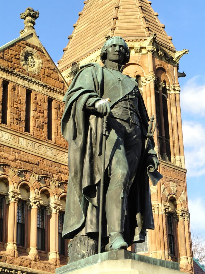 Statue of Sir Benjamin Thompson, Count of Rumford, installed in 1900, Woburn Public Library, Woburn, MA (his birthplace).