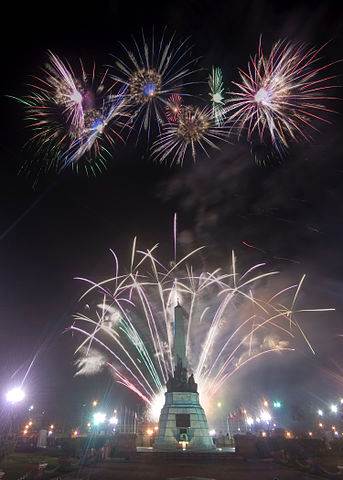New Year Fireworks at Dr. Jose Rizal Monument at Rizal Park, Luneta, Manila,
