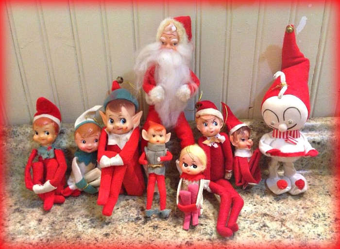 It is fun to mix and match the Knee Hugger Elf's with other Christmas figure from the same era. Makes for great photos and center pieces for a holiday table.