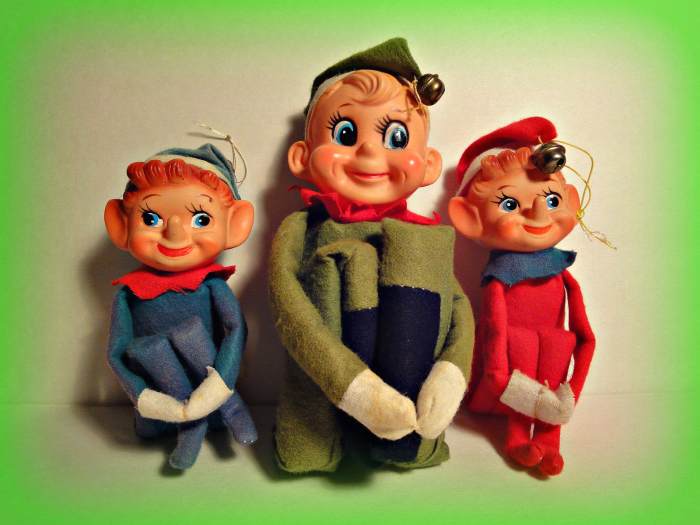 Three happy Elf's, all three have bell's on the hat's.....They all have a different tag " Made in Japan " Their names are Blinky, Stinky, and Minky