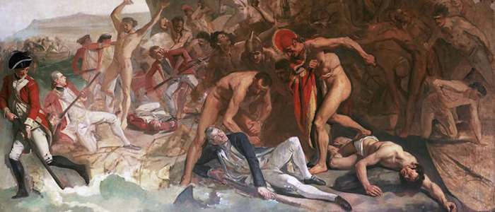Cook meets his end - a romanticised view of the killing scene. He was on the rocks in the sea when he was clubbed for the last time