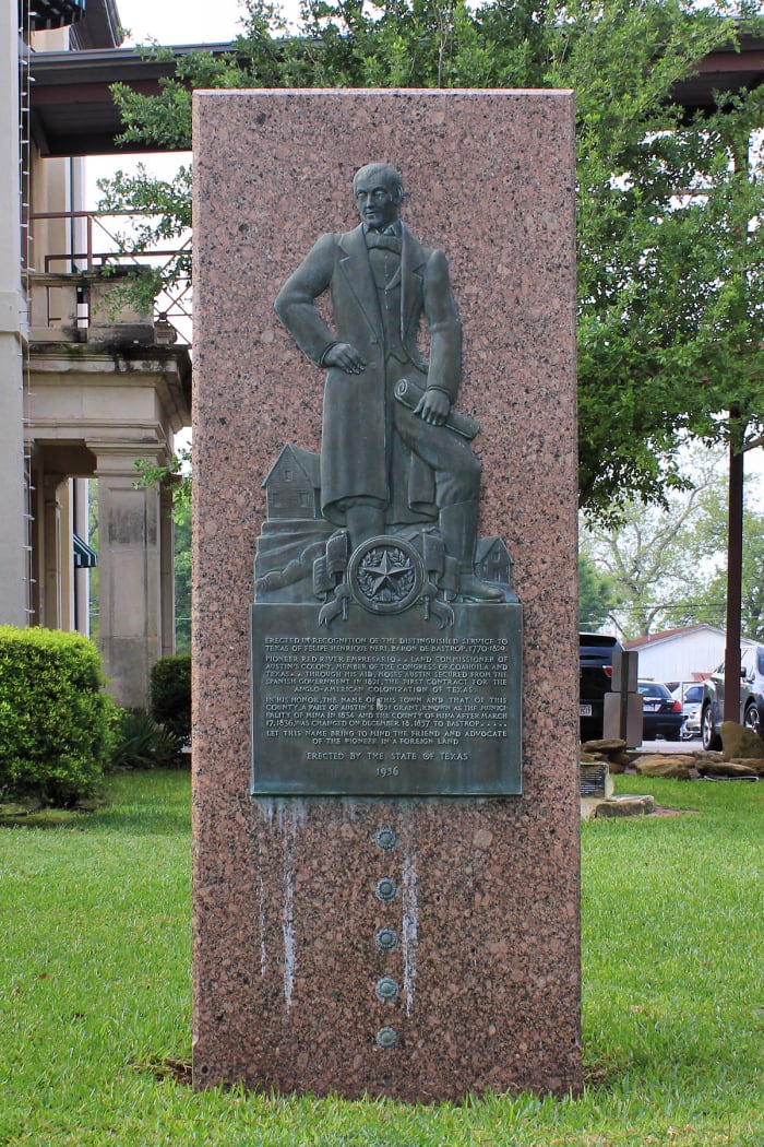 The Felipe Enrique Neri, Baron de Bastrop Texas Centennial Monument on the grounds of the Bastrop County Courthouse in Bastrop, Texas, United States. Photo by Larry D. Moore.