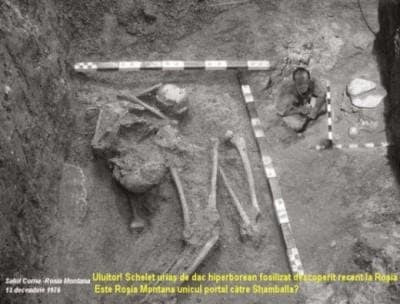 This photo of a giant skeleton from Romania is from an article that details a huge ancient base, near the Bugeci Mtns. in Romania.