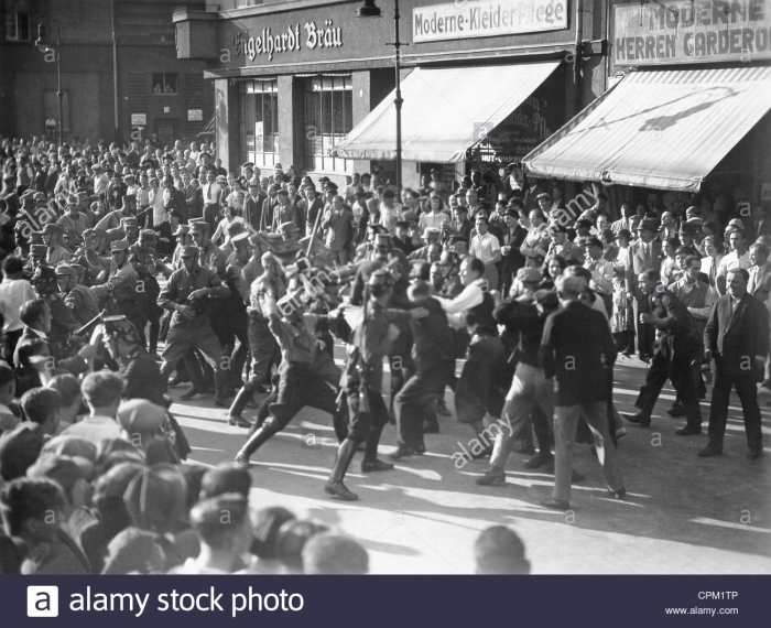It was part of the job requirement for Brown Shirts to get into street battles with other gangs from rival political factions and communists. Force more than education was the main tool to ensure the Nazi view was the only view.