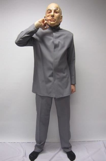 Gray pants and gray nehru jacket, pinky ring, bald cap...learn to say "evil" a lot, put your pinky to the corner of your mouth, and carry a bald rex cat toy.