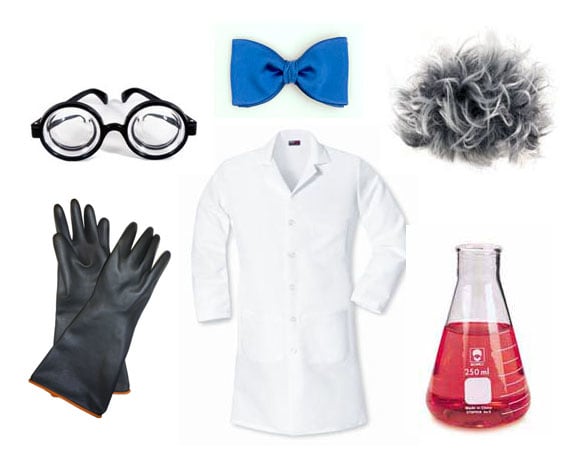 Goggles, rubber gloves, bow tie, wild wig, white lab coat, and a beaker of some experimental, glowing slime