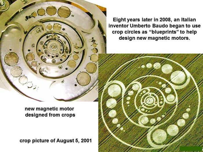 Italian inventor Umberto Baudo began using Crop Circles as blue prints to create new magnetic motors, using variations of the spinning disk concept.