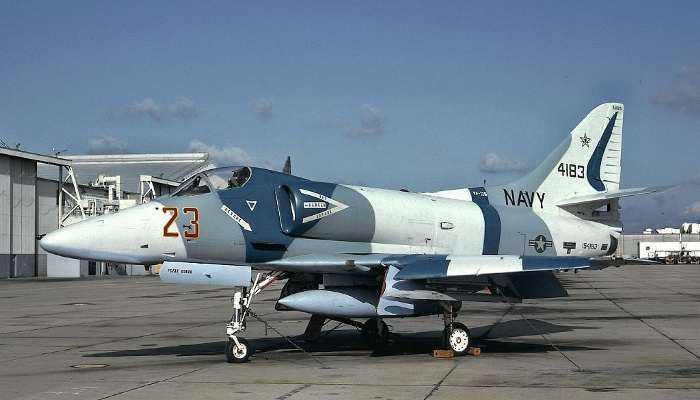 Courtesy of the United States Navy. A-4 Skyhawks were originally Navy light attack planes that the Navy found comparable to fighters they were facing in Vietnam. They used them as Aggressor units to train.