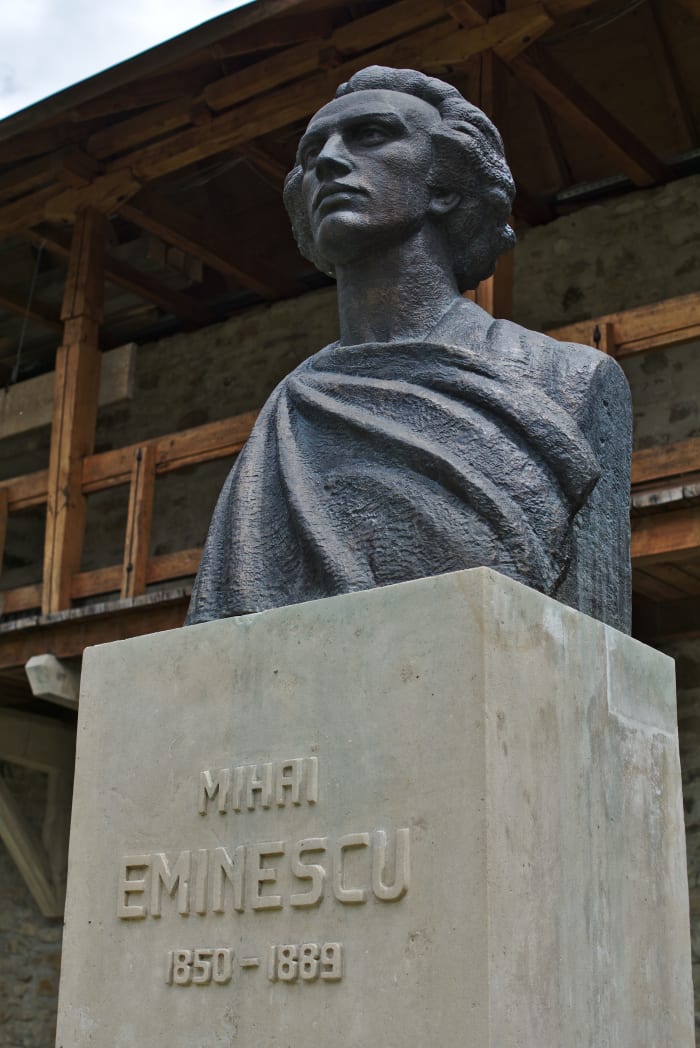 Statue of Mihai Eminescu at Putna Monastery, Putna, Romania