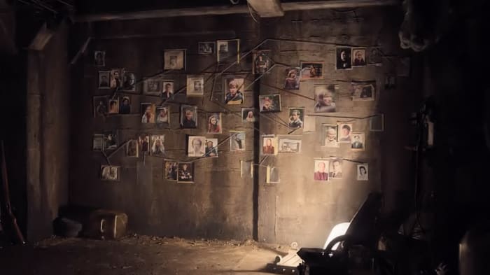 Photos depicting the people of Winden are tacked to a wall in 'Dark' (2017), a Netflix Original Series.