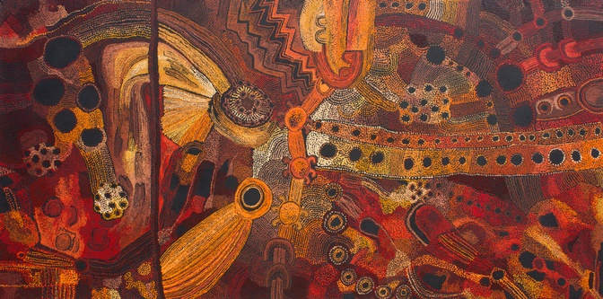 Kanpi Women’s Collaborative: Maringka Baker, Teresa Baker, Kani Tunkin, Pitjantjatjara language group. Minyma Tjutangku Kunpu Kanyini, 2017 Acrylic on Canvas, 59 1/8 x 118 1/8 in. (150 x 300 cm), Fondation Opale, Switzerland. © Kanpi Women’s Collabor