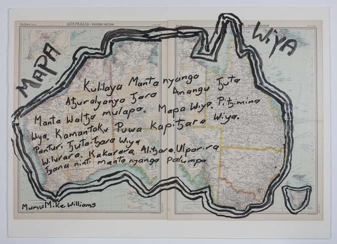 Mumu Mike Williams, Mapa Wiya / We Don’t Need a Map, 2017, Ink and acrylic marker pen on found map, 23 14 x 35 7/16 in. (59 x 90 cm), Fondation Opale, Switzerland.