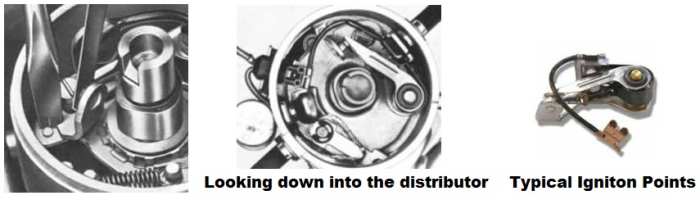 Note how the flat tip of the screwdriver is used against the metal tab to adjust the gap while the feeler gauge in inserted between the contact points