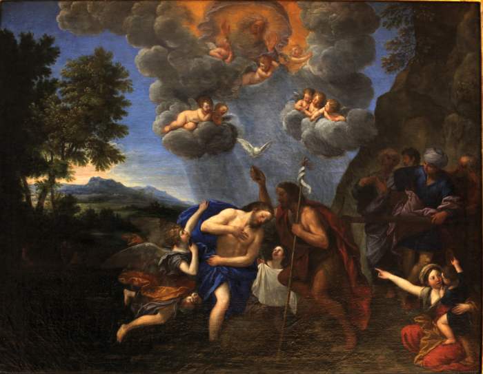 The Baptism of Christ. In this photo we once again see Father God in the clouds, the dove representing the Holy Spirit, and Jesus and John the Baptist in the foreground.