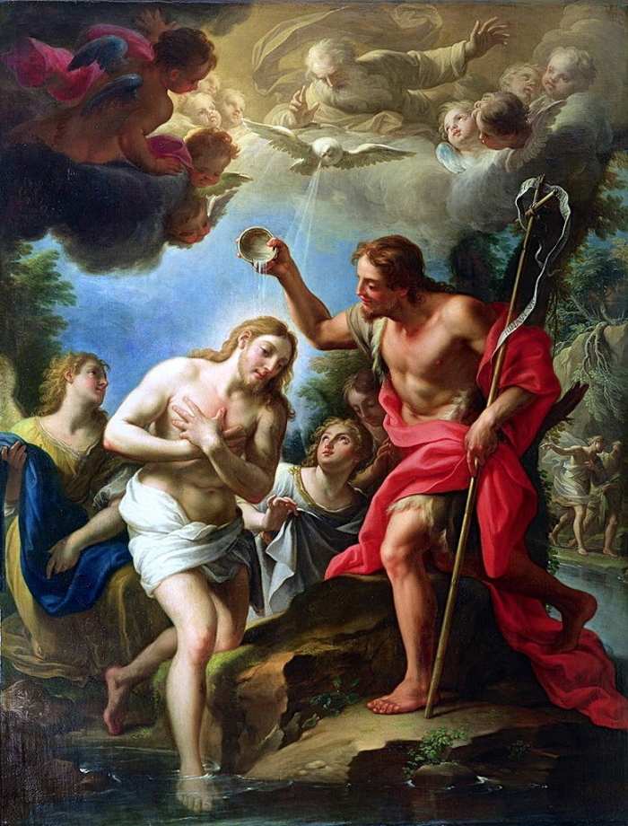 The Baptism of Jesus. Clouds often represent God in the Bible, and in this photo Father God is in the clouds. The dove represents the Holy Spirit, and Jesus is in the foreground being baptized, though not by submersion, by John the Baptist.