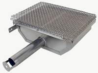 This image shows the infrared burner design. The stainless venturi continues as a pipe burner into the casing. Ceramic tiles filled with thousands of tiny flames heat all together.