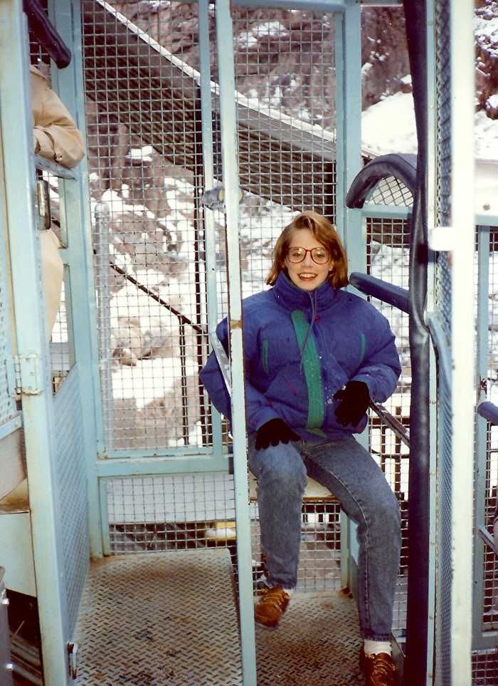 My niece getting seated in her metal cage as we prepare to go down to the Royal Gorge on the Incline Railway.