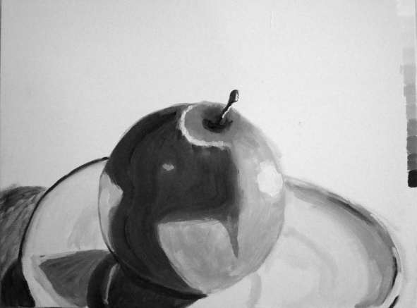 A student's interpretation of the same apple. What the eye sees is sometimes very different than what a camera can capture. Notice the scale painted on the right side of the canvas. It looks pretty good for a first attempt.