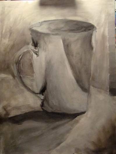 The same cup painted in Grey Scale. Notice the scale which is painted on the right side of the canvas. The value scale is very heavy in the mid-tones and so is the painting. Make sure your value scale depicts a full range from light to dark before
