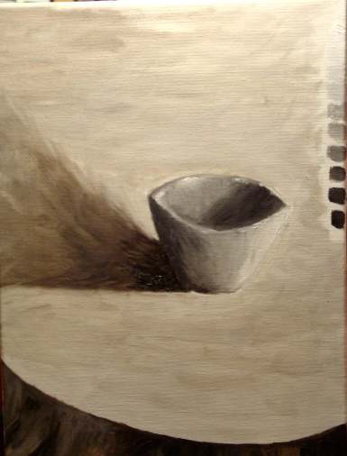 Another student canvas. The value scale on the right side of the canvas is almost accurate. There is quite a jump from mid-tones to dark values. Though, the final painting of the cup has a lot of good contrast and is quite successful.