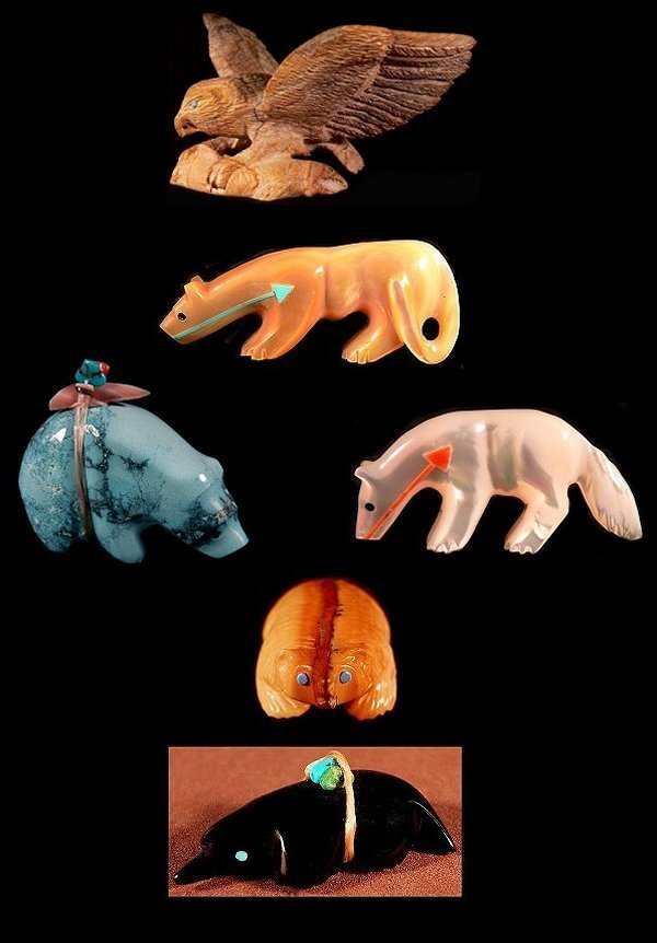 Staley Natewa - Picasso marble eagle, Andres Quandelacy - Gold-lipped Mother of Pearl mountain lion, Emery Eriacho turquoise bear, Andres Quandelacy Mother of Pearl wolf, Prudencia Quam dolomite badger, Georgia Quandelacy jet mole (c) David Au