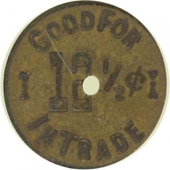 These two images show two sides of a saloon token from Chloride, Arizona, now a ghost town near Kingman. The token has a tender value of 12 1/2 cents, or one bit. Usually, that was worth one drink. Image courtesy Holabird-Kagin Americana, used with p