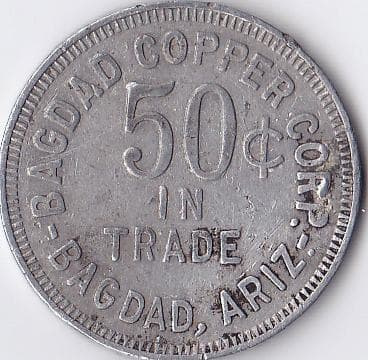 This is not a saloon token, but is a territorial trade token issued by a copper mine settlement in Bagdad Arizona. Image copyright Linda Lantin.