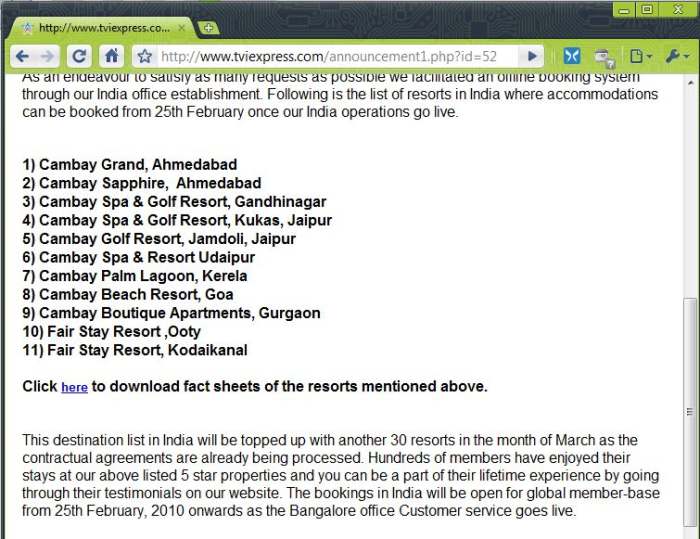 TVI Express promises 11 resorts in India, plus maybe another 30 unnamed (also in India), no promise about rest of the world!