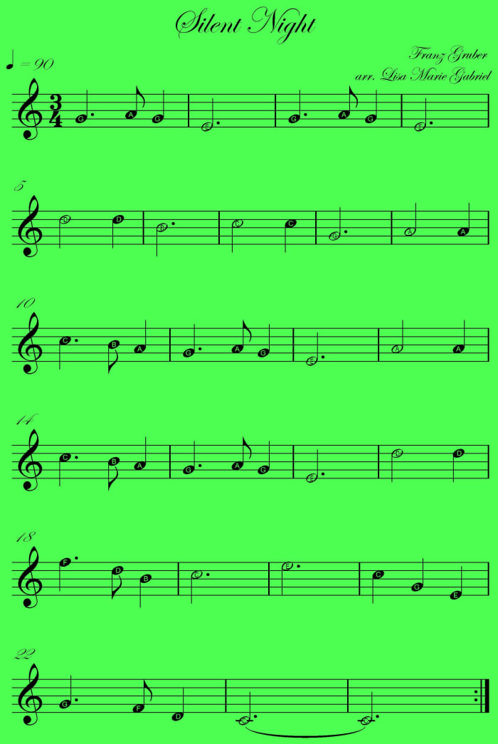 This is the music to play Silent Night on any melody instruiment and there is time to practise. Feel free to download or print this image for personal use.