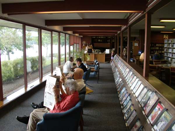Interior of the Lake Geneva library - overlooking the clear blue waters of Geneva Lake.
