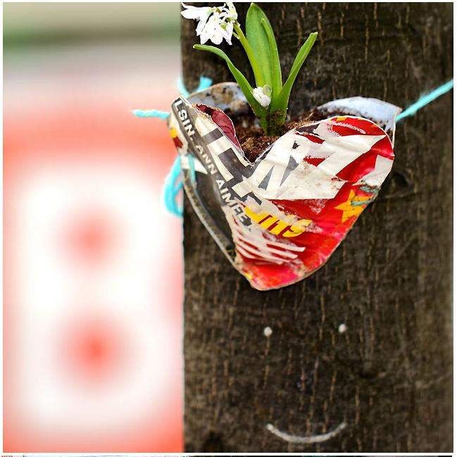 Sweet little DIY plantpot attached to a tree in Berlin on Valentine's day.