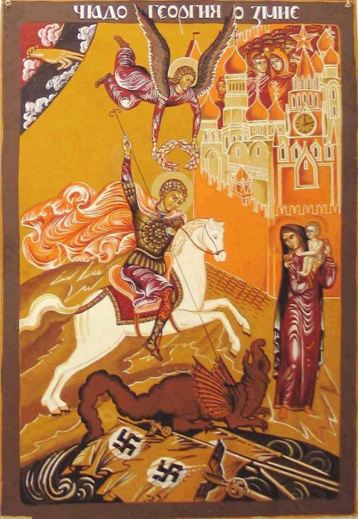 The defeat of National Socialist Forces at the hands of St George the patron saint of Moscow - the black and orange ribbon is worn during the war remembrance and celebration day of 9th May.