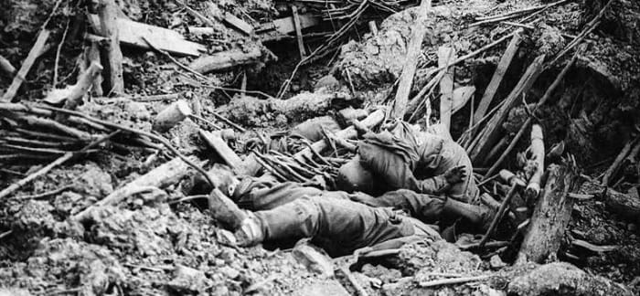 'Battle of Messines - destroyed German trench' ~ 'OFFICIAL PHOTOGRAPHS TAKEN ON THE BRITISH WESTERN FRONT: Smashed up German trench on Messines Ridge with dead.' ~ Haig "Official Photographs" series' Created by the United Kingdom Government ~ public