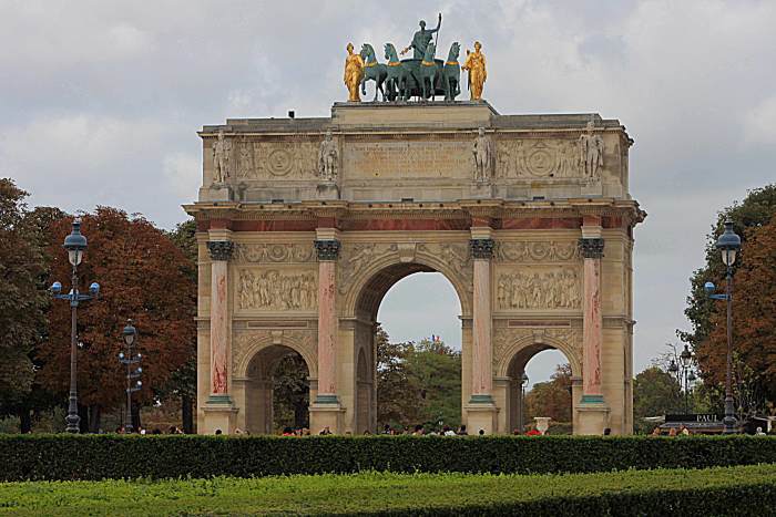 Back on the right bank between the Louvre and the Place de la Concorde is this small version of the Arc de Triomphe known as the Arc du Carrousel, built like its famous bigger brother by Napoleon to commemorate his victories