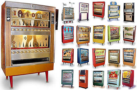 One of the Art-O-Mat machines, and samples of the art that can be purchased from the machine.