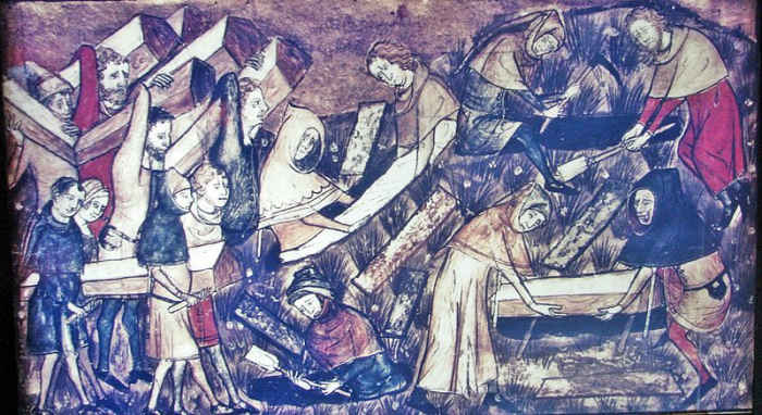 A contemporary manuscript shows victims being buried in Tourmai. Presumably this is near the beginning of the outbreak; later there were not enough survivors to property bury the dead, they were simply thrown into plague pits.