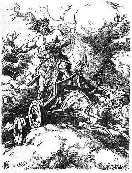 Thor on his chariot, hauled by a pair of goats... Keep out of his way when he is bound to destroy foes of the Aesir