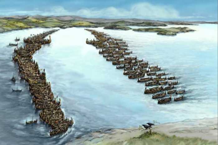 Two fleets confront one another in the Hafrsfjord, AD 872. Winning gained Harald 'Fairhair' overall rule over an alliance of local chieftains in what would one day become Norway