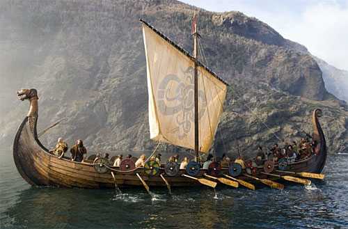 Leif Eiriksson, 'the Lucky', nears the mouth of the Saint Lawrence where a landing is made on 'Vinland', land of wild vines and wheat