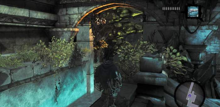In Darksiders 2, after finding the lever, the hero must use Redemption to free and then activate the lever.