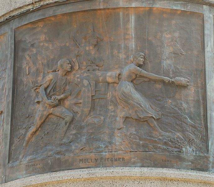 Engraving on the Molly Pitcher monument, by James E. Kelly (artist) (1884), on base of Monmouth Battle Monument, in front of courthouse in Freehold, NJ.