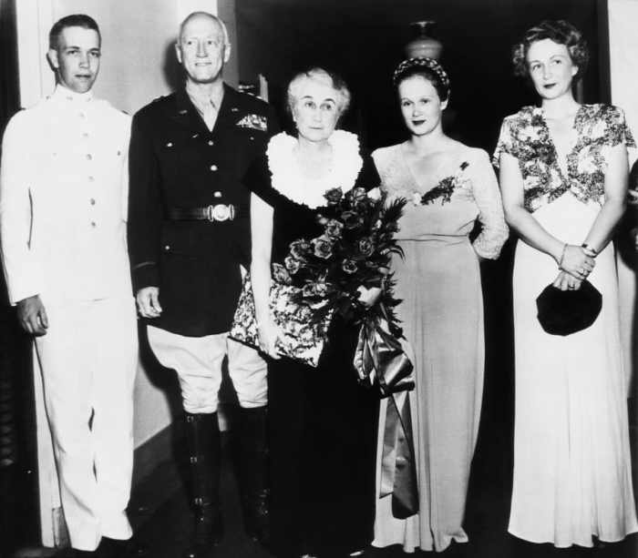 The Patton Family in 1945. L-R: George IV, Gen. Patton, Bea, Ruth Ellen and Bea Ayer (wife of John Waters). It would be their last time together. The General left for Europe a short time later.