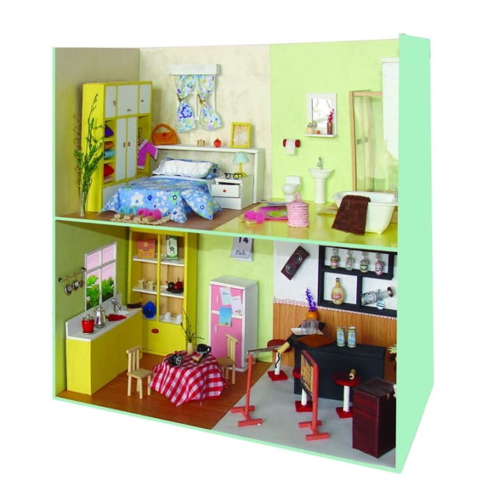 A two-room miniature house with simple furniture and furnishings. A beginner miniatures crafter can start off with a projects as simple as a 1 or 2 room space to gain the required skills.