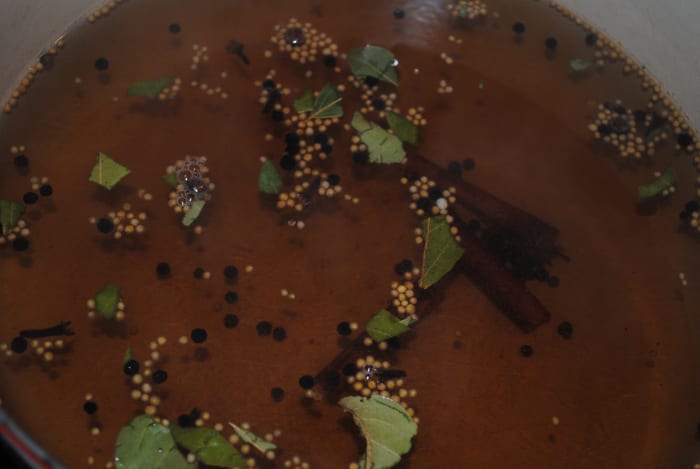 The brine ingredients. Simply combine the ingredients, bring to a boil, and chill. Make sure your brine is cold before adding it to your trimmed brisket.