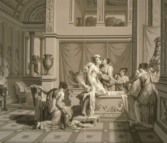 Two of 26 panels of Joseph Dufour's 1815 "Psyche and Cupid" which was printed in the Grisaille style with 1,500 individual blocks