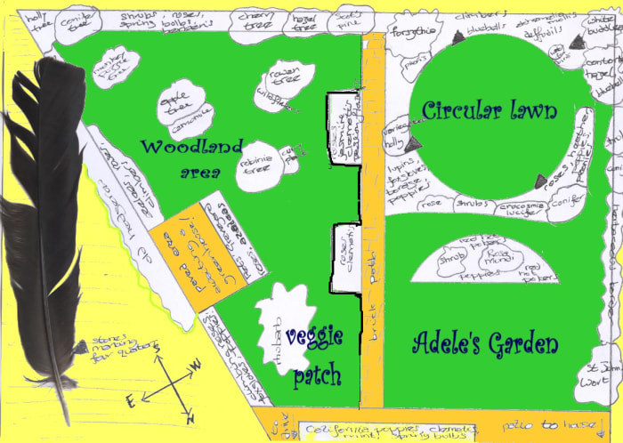 Not to scale and cheerfully low-tech, this map offers a serviceable layout of Adele's garden. All the shrubs are underplanted with bulbs, wildflowers and ground-covering plants.