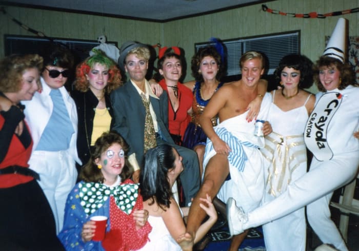 Guests' Halloween Costumes. Don Johnson Miami Vice, punk rocker, hobo, devil, can can girl, toga, Cleopatra, crayola crayon, clown, toga.