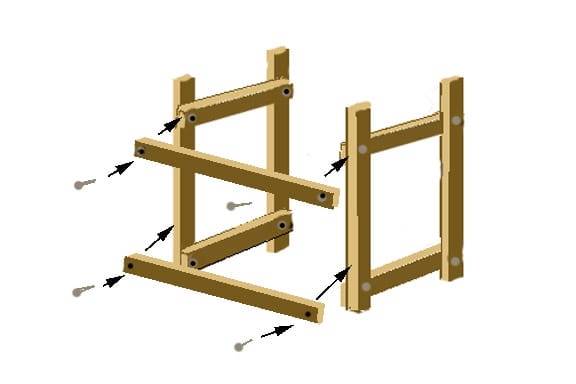 Lag screw 2x4 or 2x6 side boards to the frame as shown. Predrill holes for the half inch lag screws and tighten the lag screws. Use a washer between the head of the lag screw and the wood. Repeat on the other side.