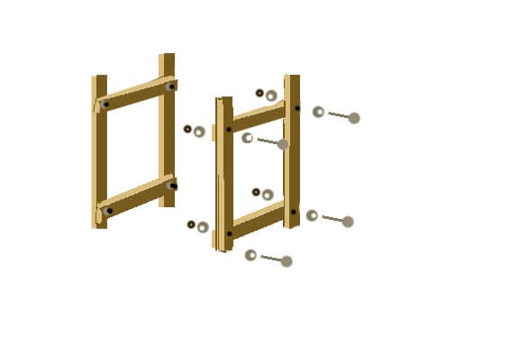 Drill holes at the center of each joint where the cross members intersect the legs. bolt the cross members to the legs with carriage bolts. Make sure the cross members are on the inside of the frame. Repeat with the other pair of legs.